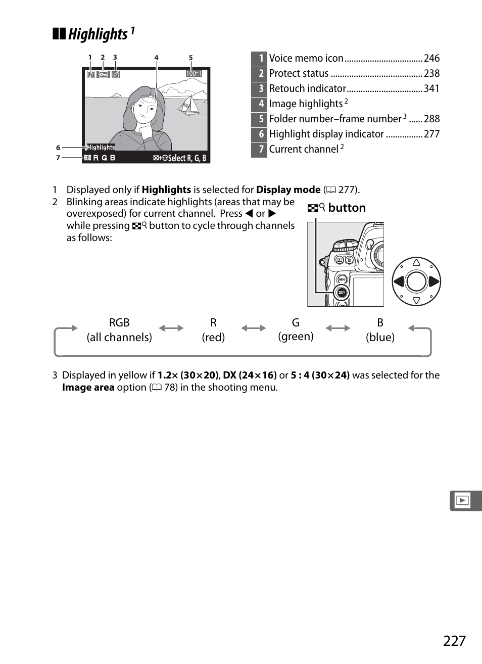 Highlights, N button | Nikon D3S User Manual | Page 253 / 460