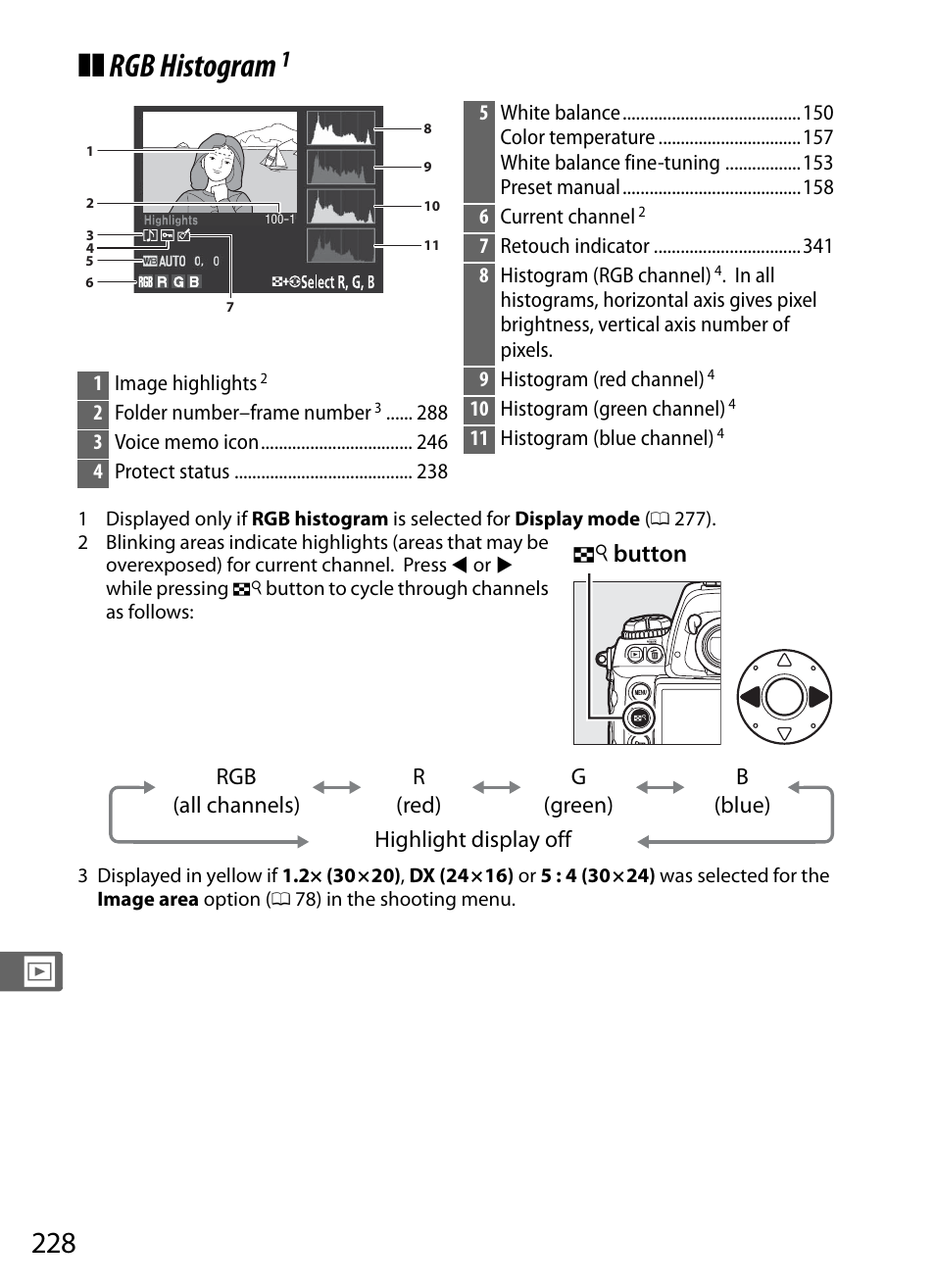 Rgb histogram, N button | Nikon D3S User Manual | Page 254 / 460