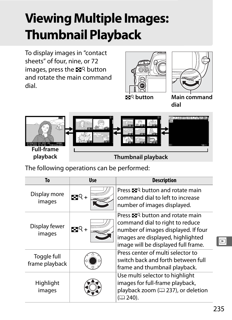 Viewing multiple images: thumbnail playback | Nikon D3S User Manual | Page 261 / 460