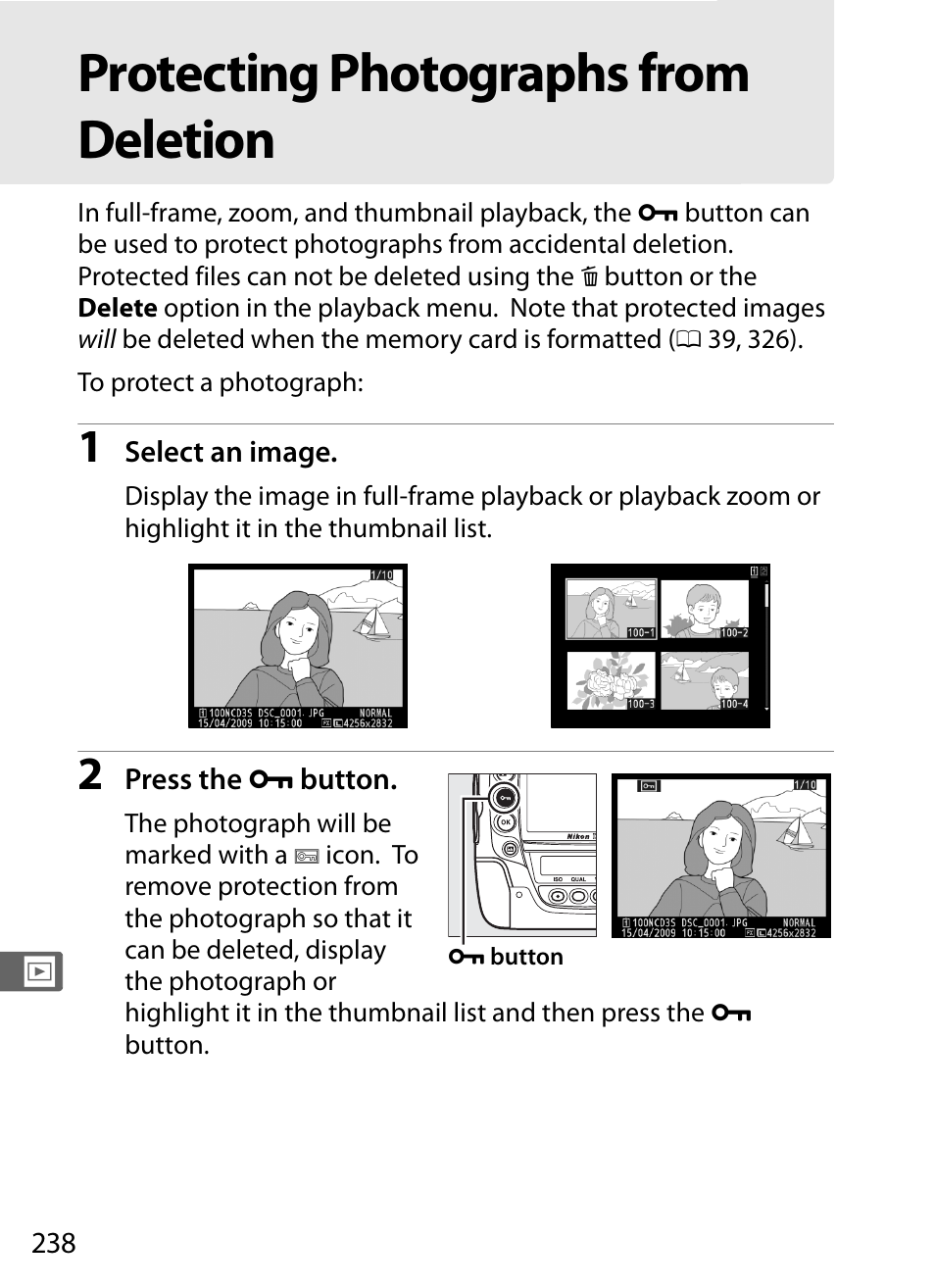 Protecting photographs from deletion | Nikon D3S User Manual | Page 264 / 460