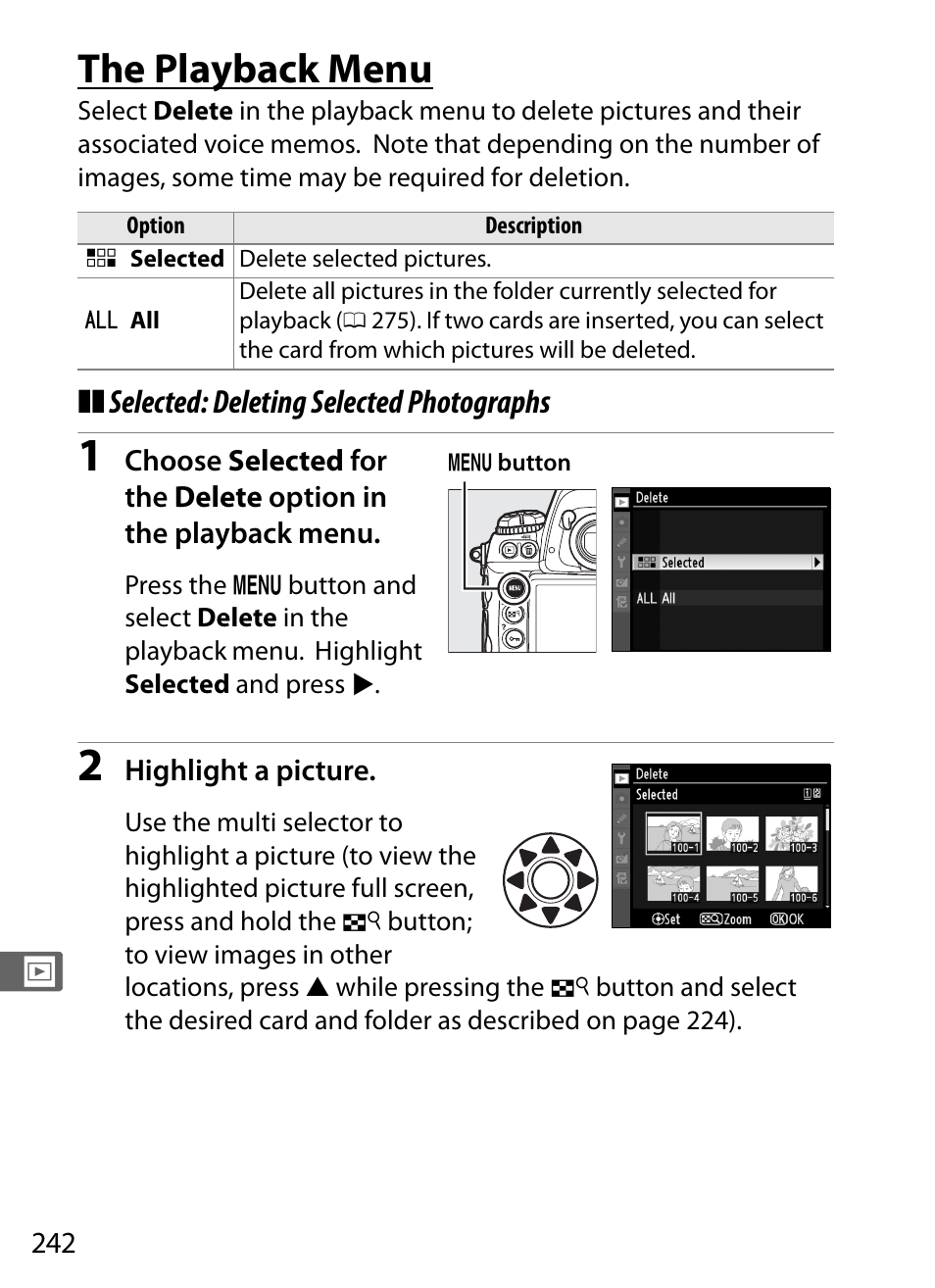 The playback menu, Selected: deleting selected photographs | Nikon D3S User Manual | Page 268 / 460
