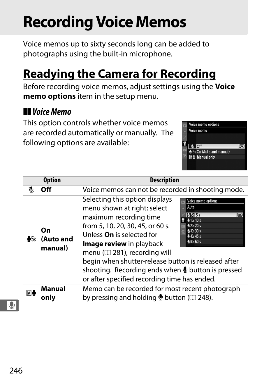 Recording voice memos, Readying the camera for recording | Nikon D3S User Manual | Page 272 / 460