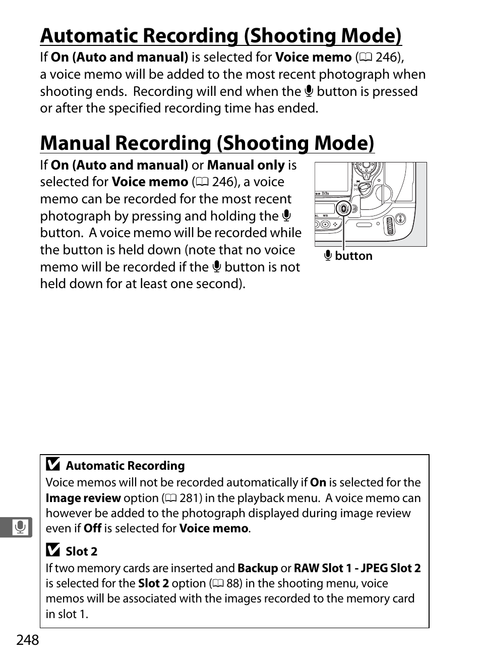 Automatic recording (shooting mode), Manual recording (shooting mode) | Nikon D3S User Manual | Page 274 / 460