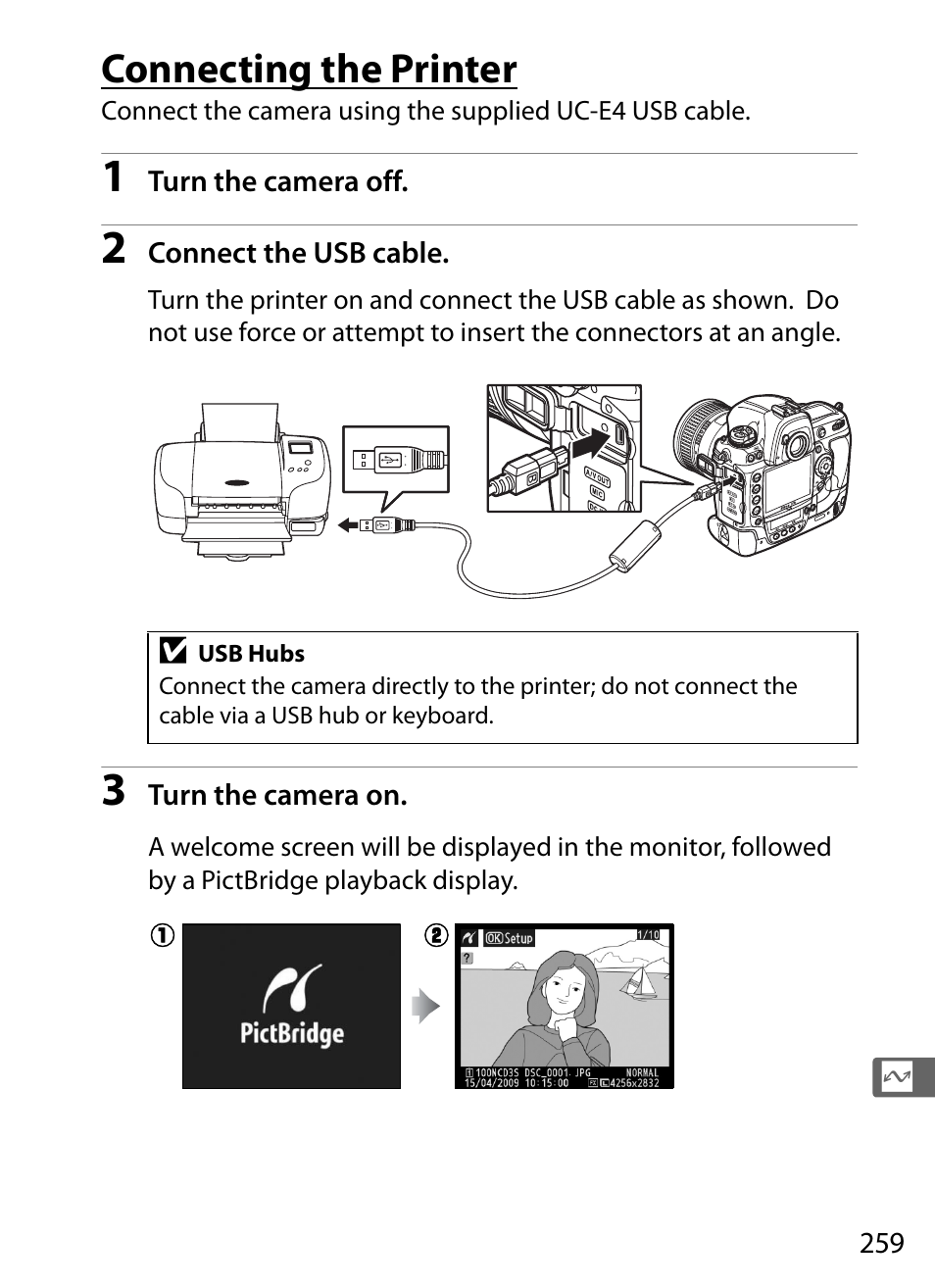 Connecting the printer | Nikon D3S User Manual | Page 285 / 460