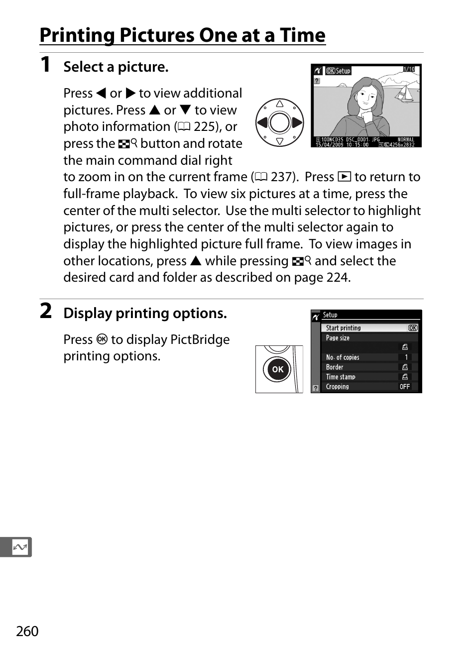 Printing pictures one at a time | Nikon D3S User Manual | Page 286 / 460