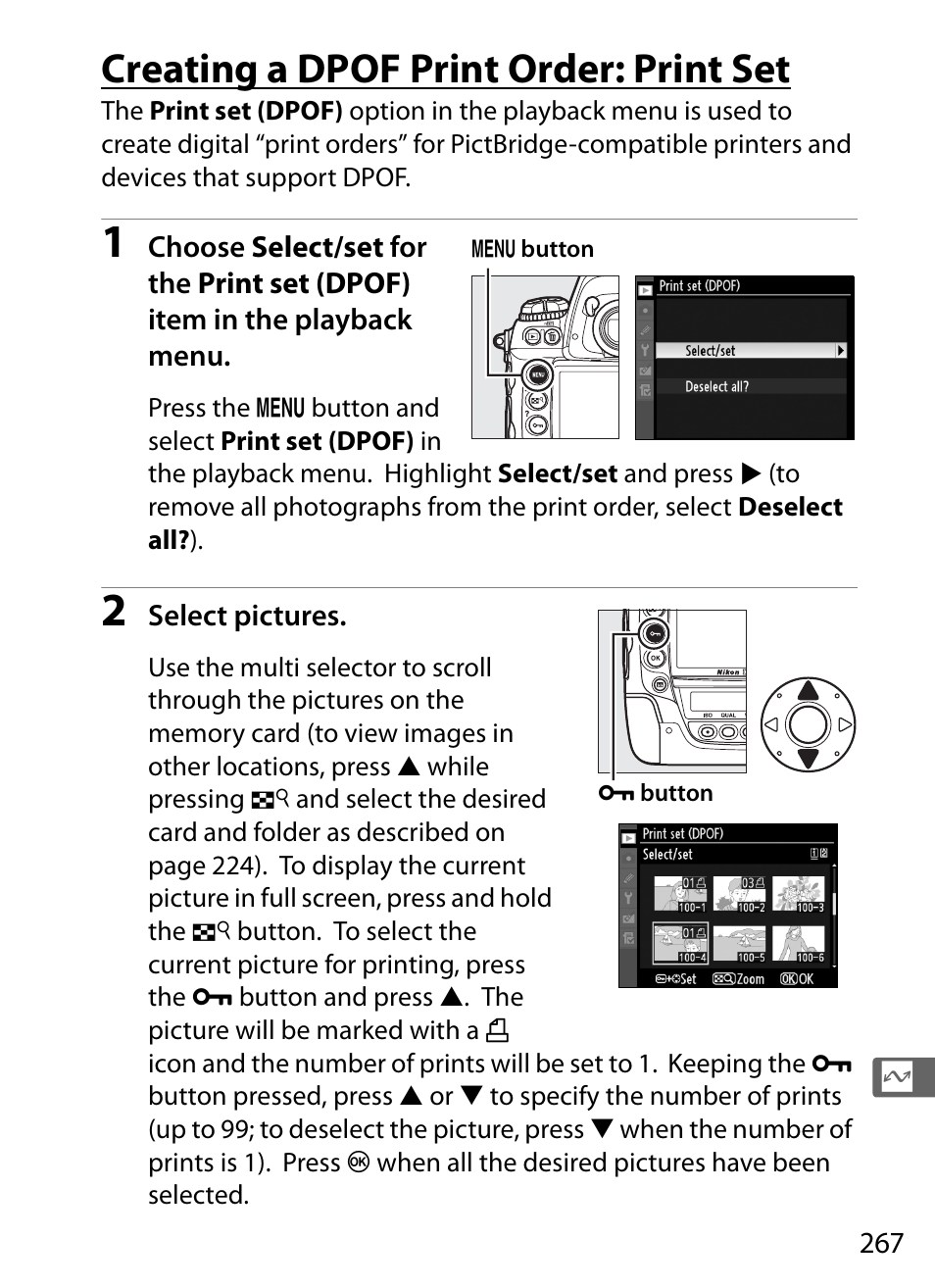 Creating a dpof print order: print set | Nikon D3S User Manual | Page 293 / 460