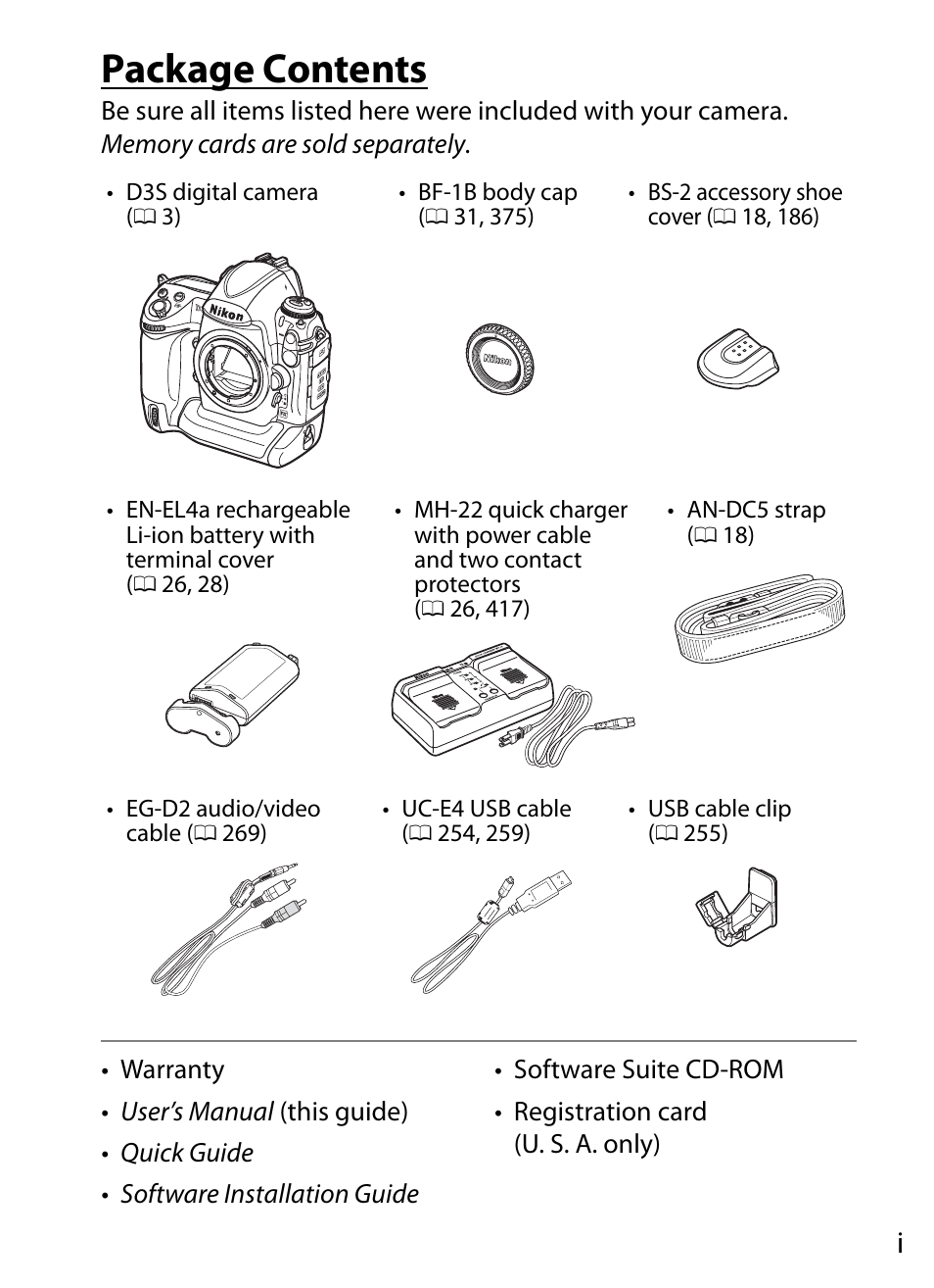 Package contents | Nikon D3S User Manual | Page 3 / 460