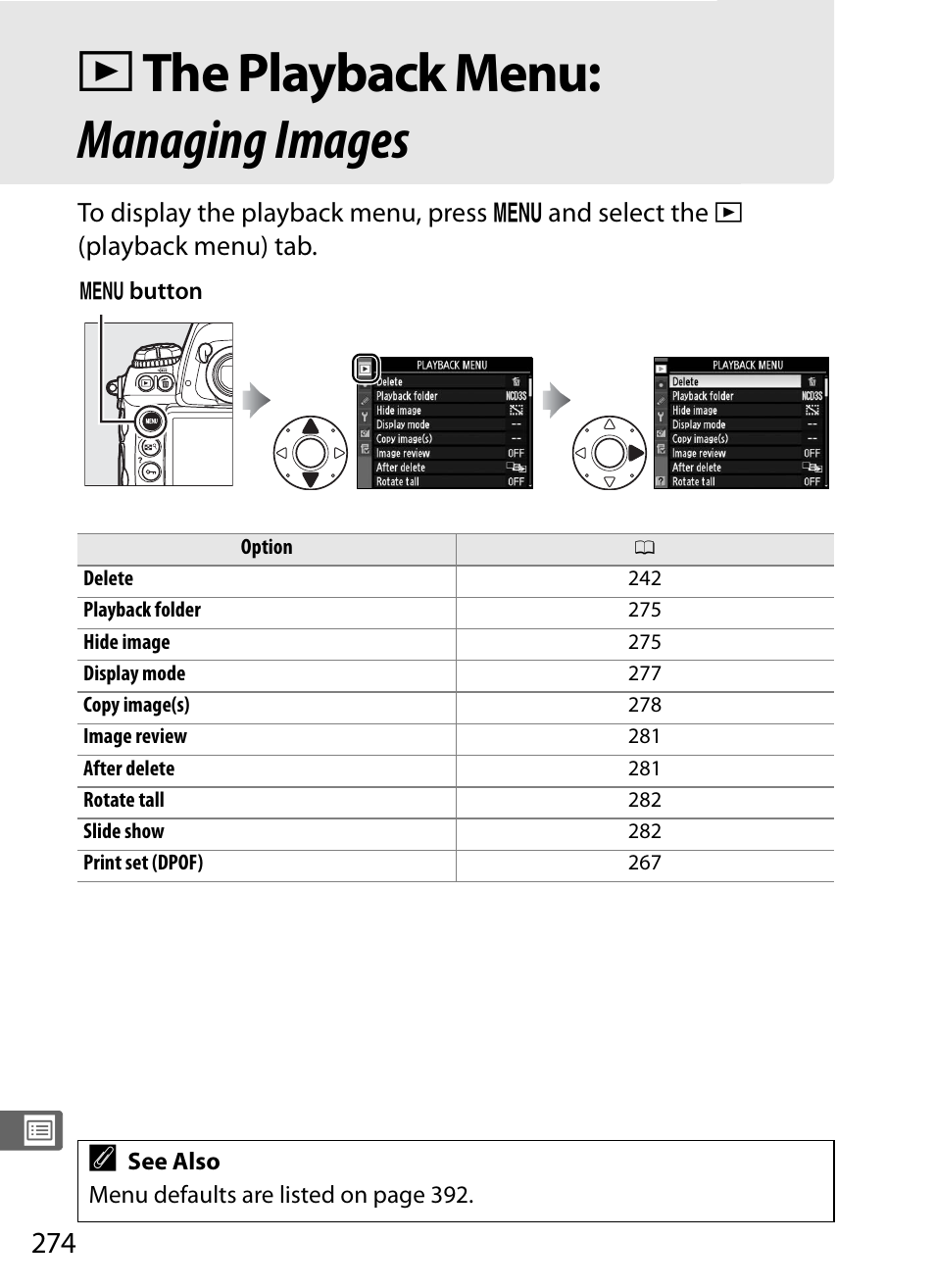 The playback menu: managing images, D the playback menu: managing images | Nikon D3S User Manual | Page 300 / 460