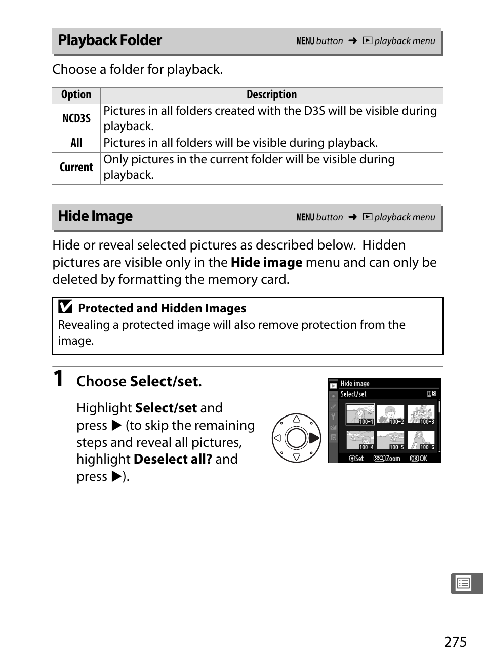 Playback folder, Hide image | Nikon D3S User Manual | Page 301 / 460