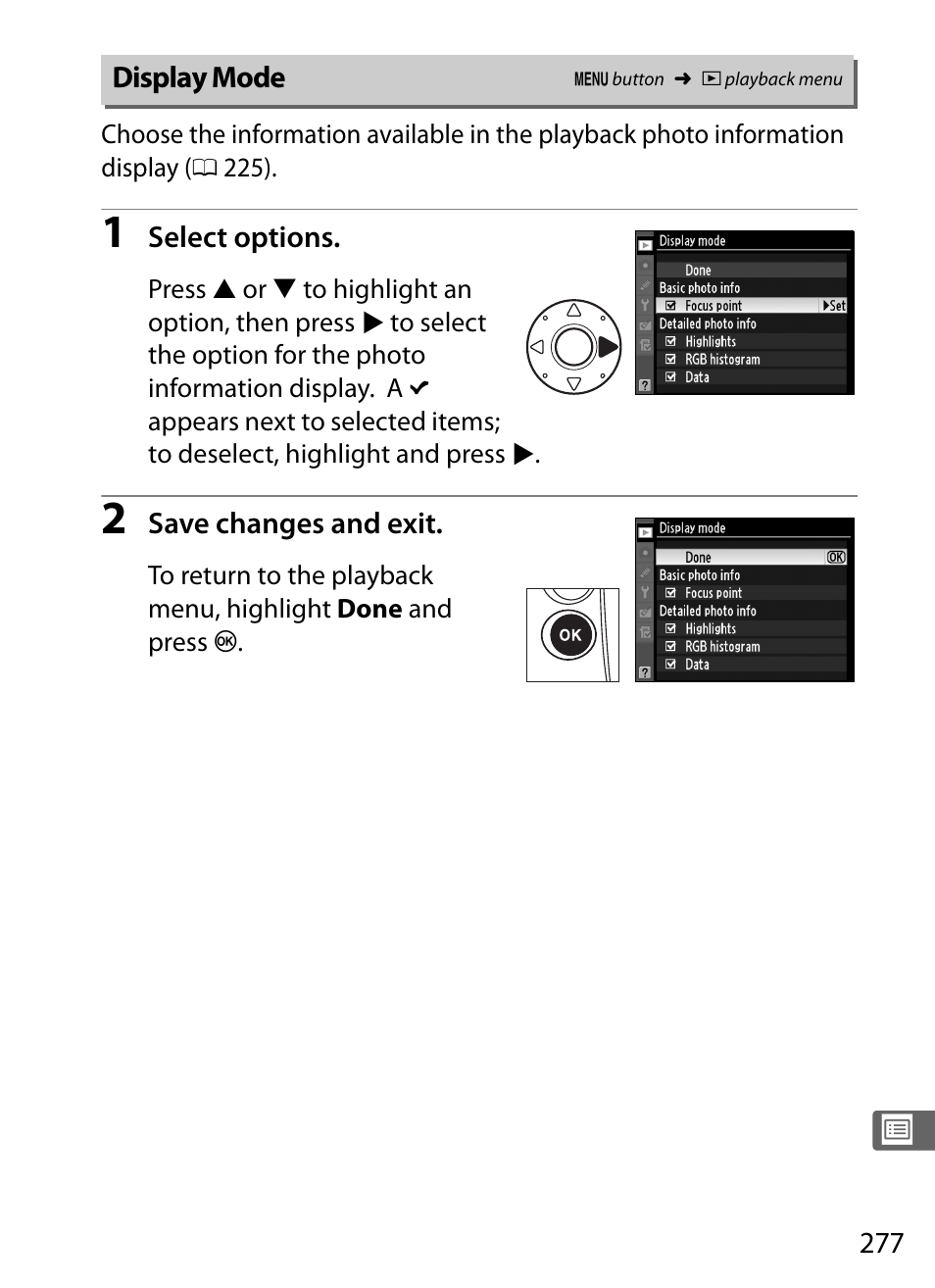 Display mode | Nikon D3S User Manual | Page 303 / 460