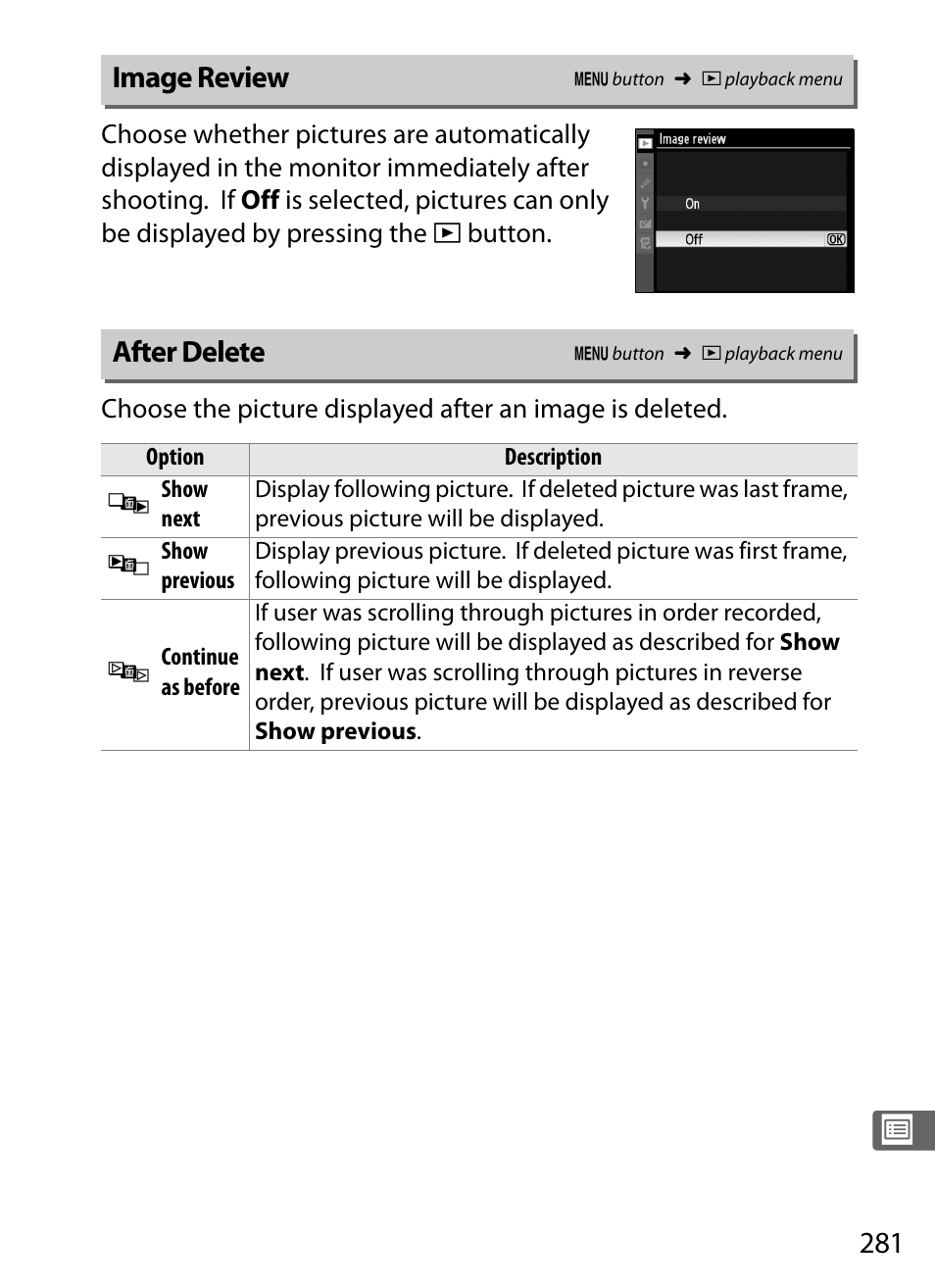 Image review, After delete | Nikon D3S User Manual | Page 307 / 460
