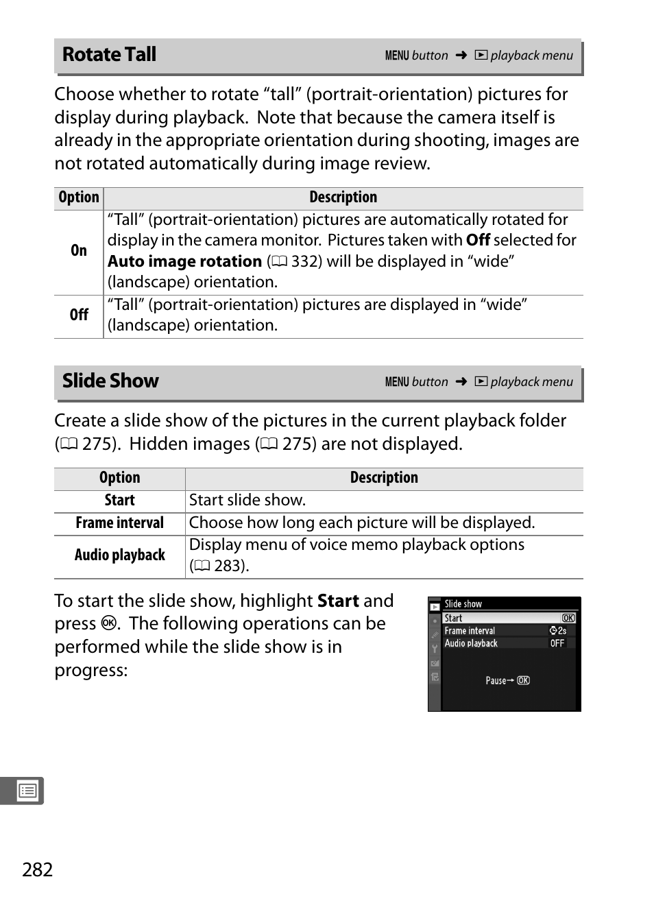Rotate tall, Slide show | Nikon D3S User Manual | Page 308 / 460