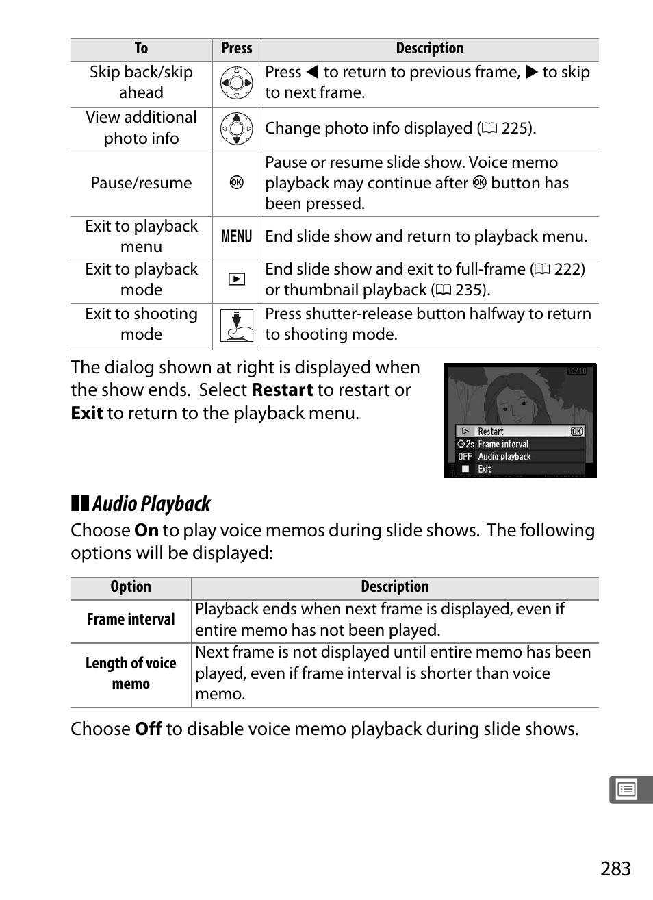 Audio playback | Nikon D3S User Manual | Page 309 / 460