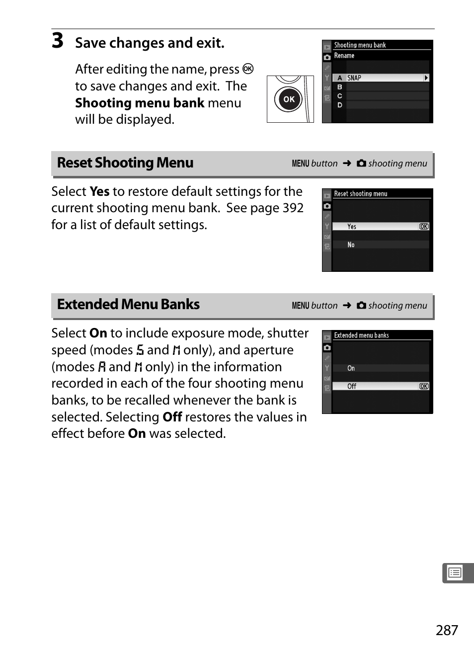 Reset shooting menu, Extended menu banks | Nikon D3S User Manual | Page 313 / 460