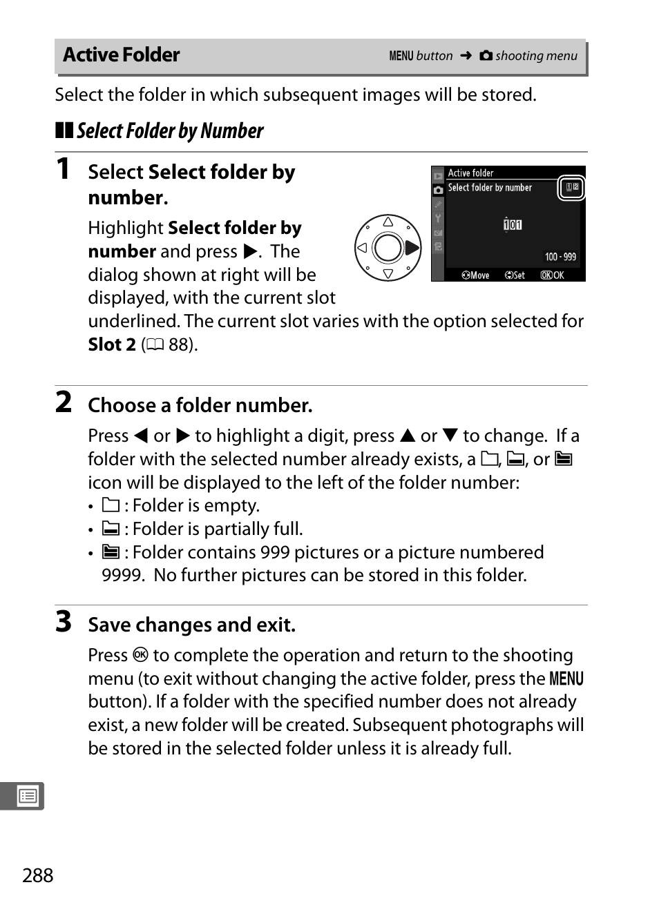 Active folder, Select folder by number | Nikon D3S User Manual | Page 314 / 460