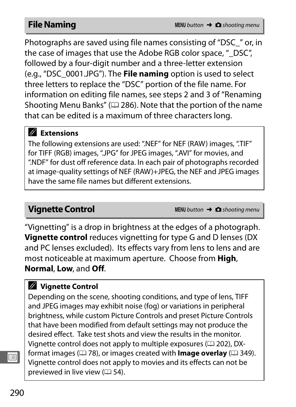 File naming, Vignette control | Nikon D3S User Manual | Page 316 / 460