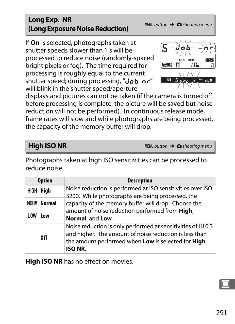 Long exp. nr (long exposure noise reduction), High iso nr | Nikon D3S User Manual | Page 317 / 460