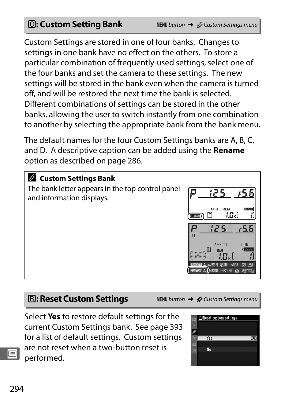 Custom setting bank, Reset custom settings, B : custom setting bank | A : reset custom settings | Nikon D3S User Manual | Page 320 / 460