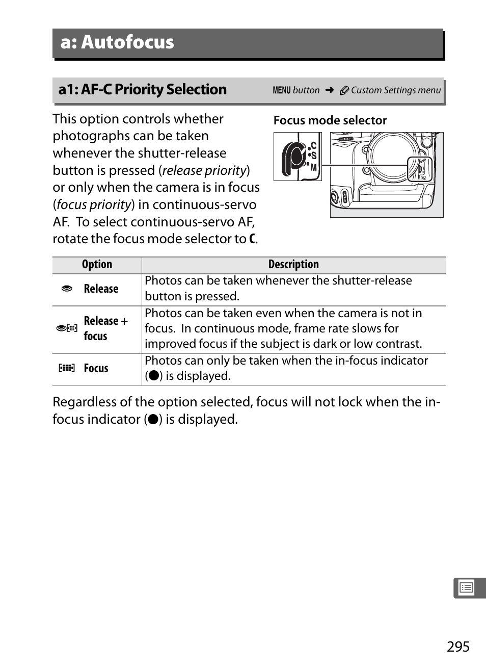 A: autofocus, A1: af-c priority selection | Nikon D3S User Manual | Page 321 / 460
