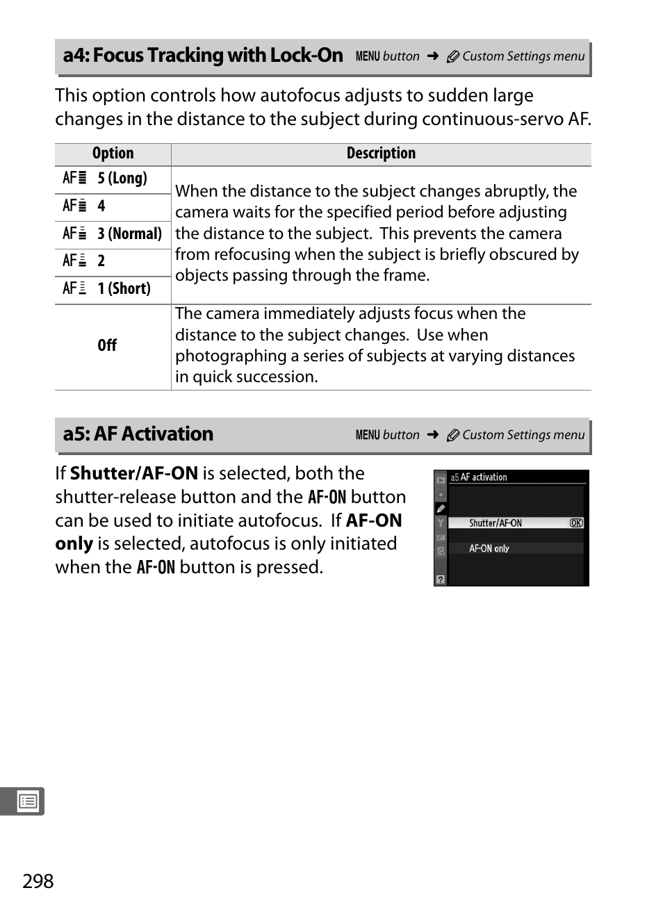 A4: focus tracking with lock-on, A5: af activation | Nikon D3S User Manual | Page 324 / 460