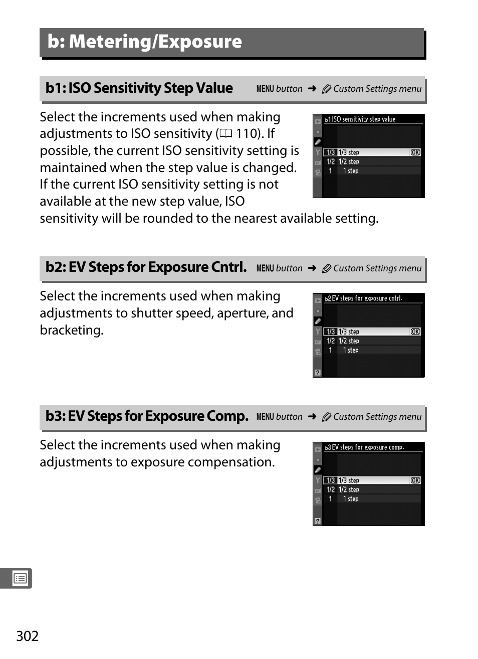 B: metering/exposure, B1: iso sensitivity step value, B2: ev steps for exposure cntrl | B3: ev steps for exposure comp | Nikon D3S User Manual | Page 328 / 460