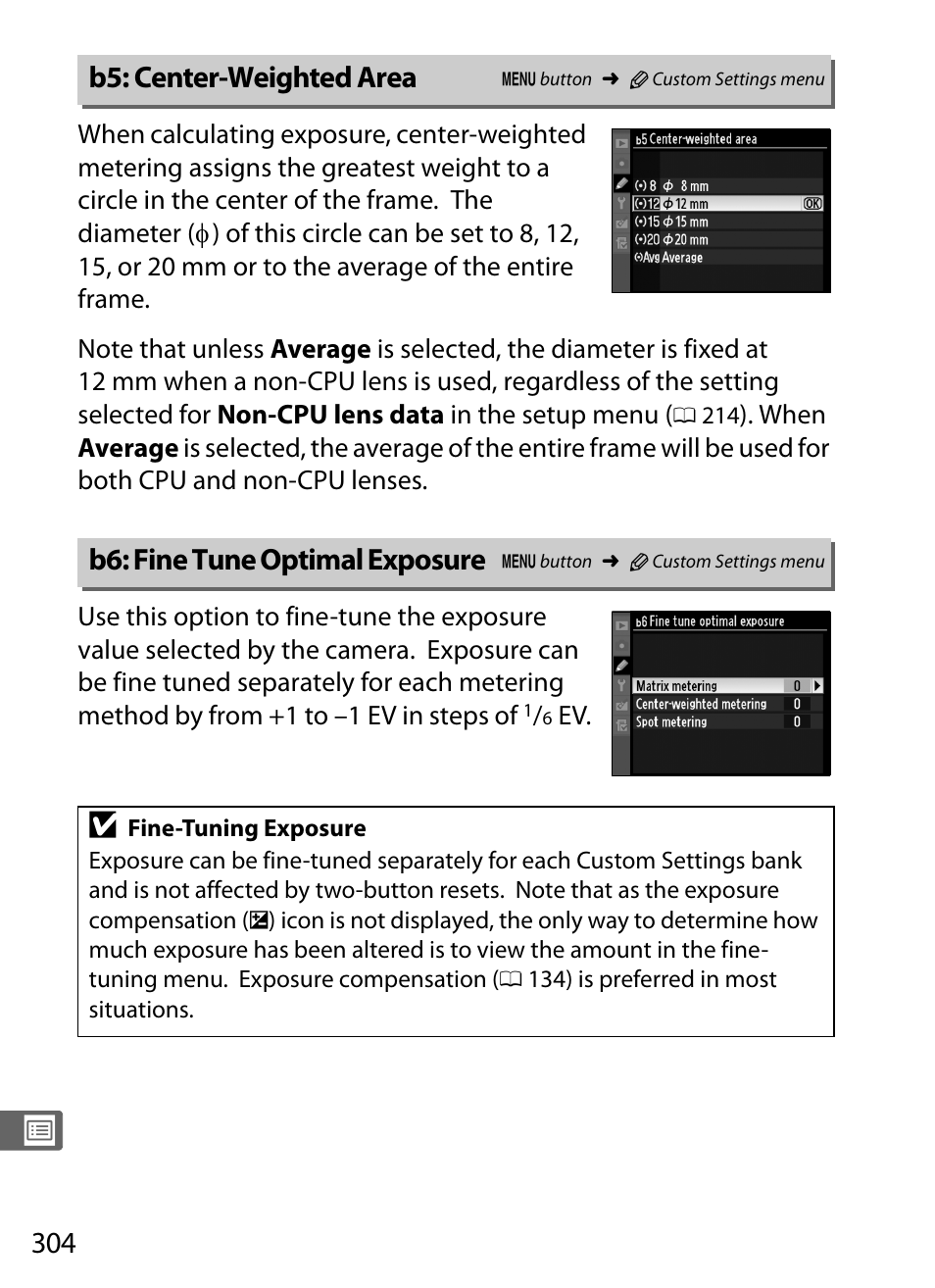B5: center-weighted area, B6: fine tune optimal exposure | Nikon D3S User Manual | Page 330 / 460