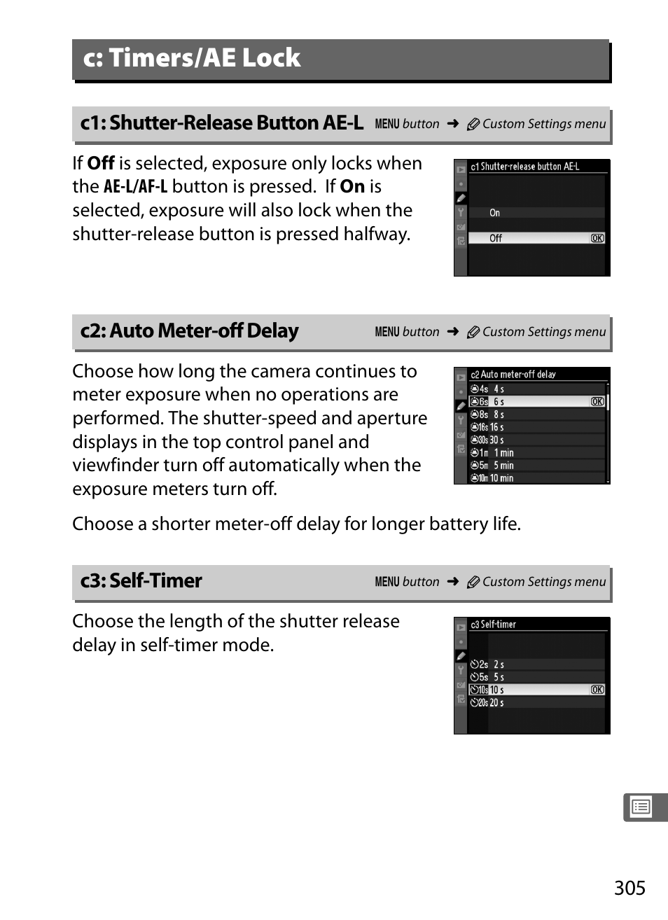 C: timers/ae lock, C1: shutter-release button ae-l, C2: auto meter-off delay | C3: self-timer | Nikon D3S User Manual | Page 331 / 460