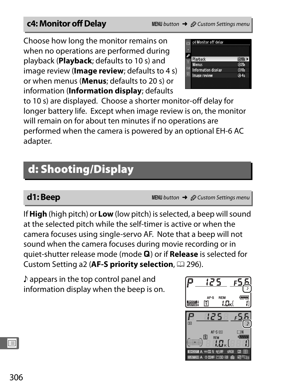 C4: monitor off delay, D: shooting/display, D1: beep | Nikon D3S User Manual | Page 332 / 460