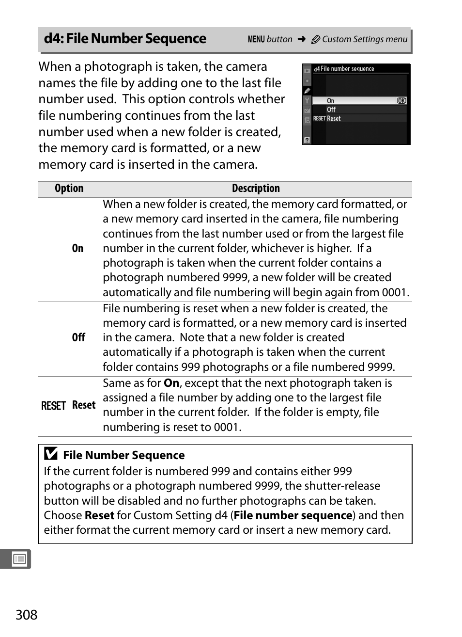 D4: file number sequence | Nikon D3S User Manual | Page 334 / 460