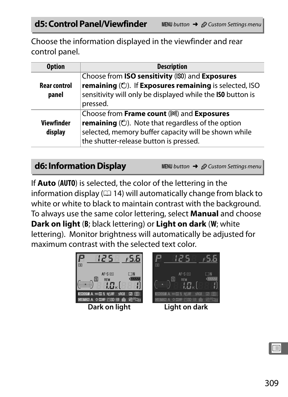D5: control panel/viewfinder, D6: information display | Nikon D3S User Manual | Page 335 / 460