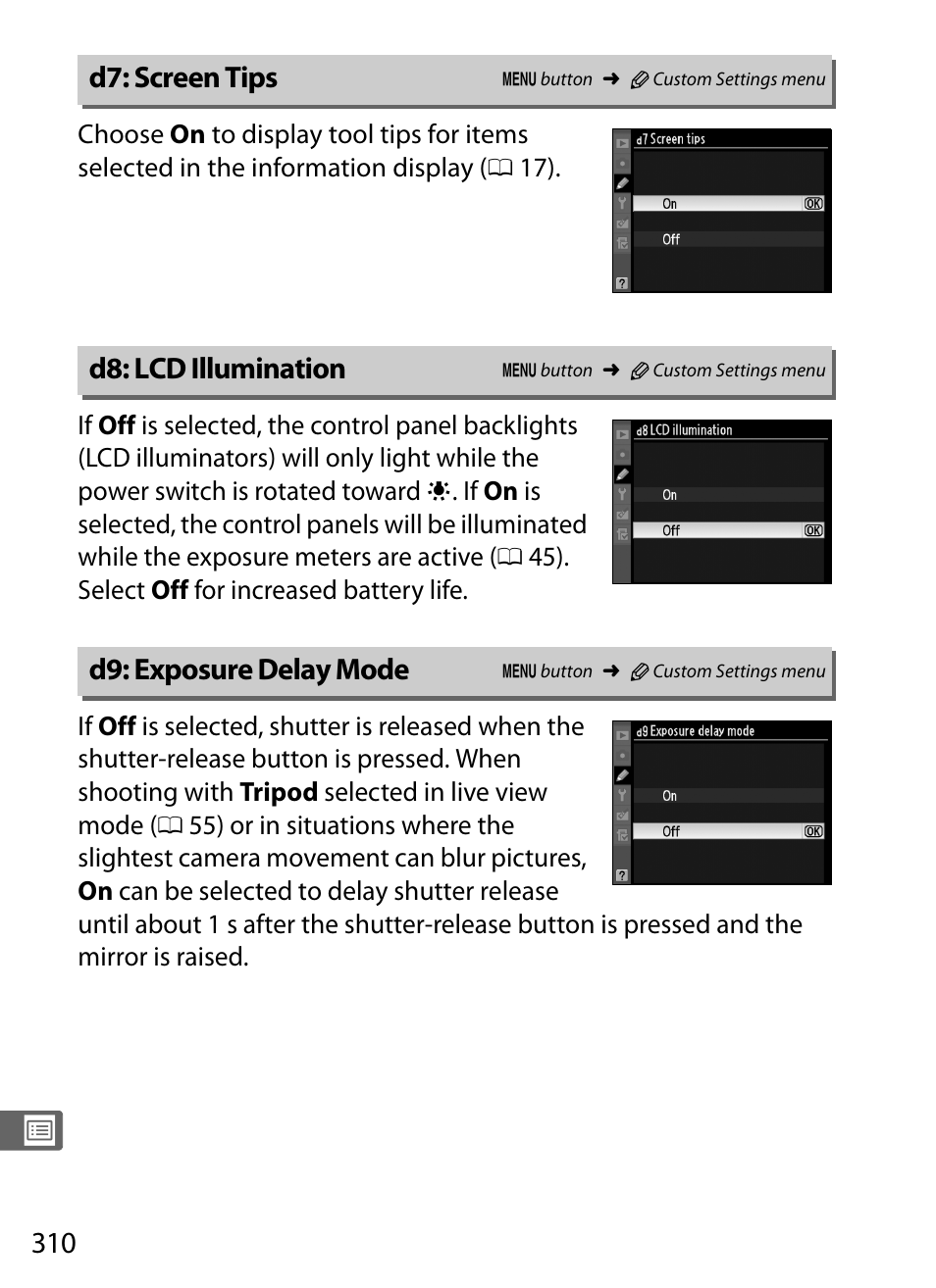 D7: screen tips, D8: lcd illumination, D9: exposure delay mode | Nikon D3S User Manual | Page 336 / 460