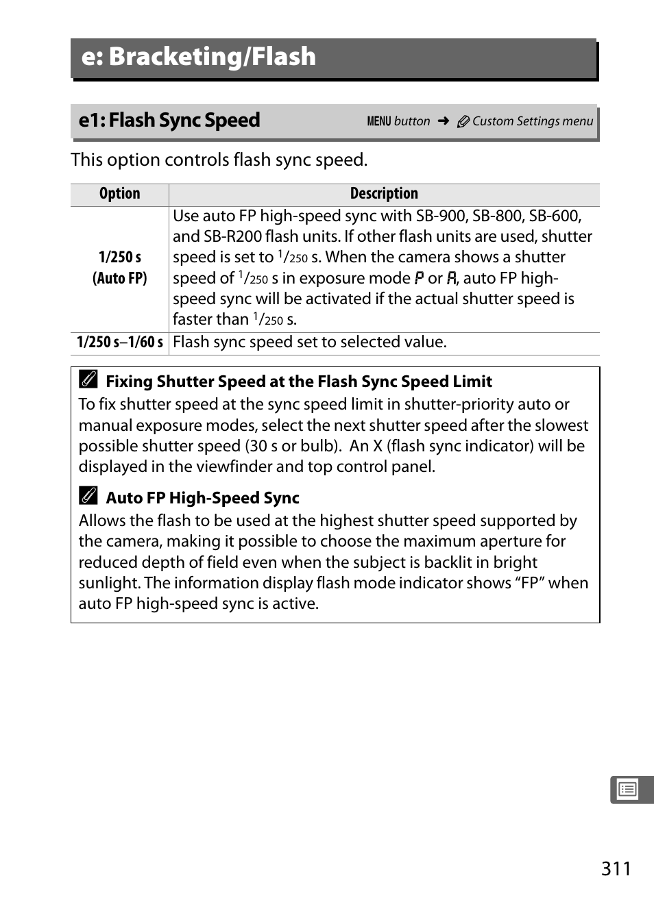 E: bracketing/flash, E1: flash sync speed | Nikon D3S User Manual | Page 337 / 460