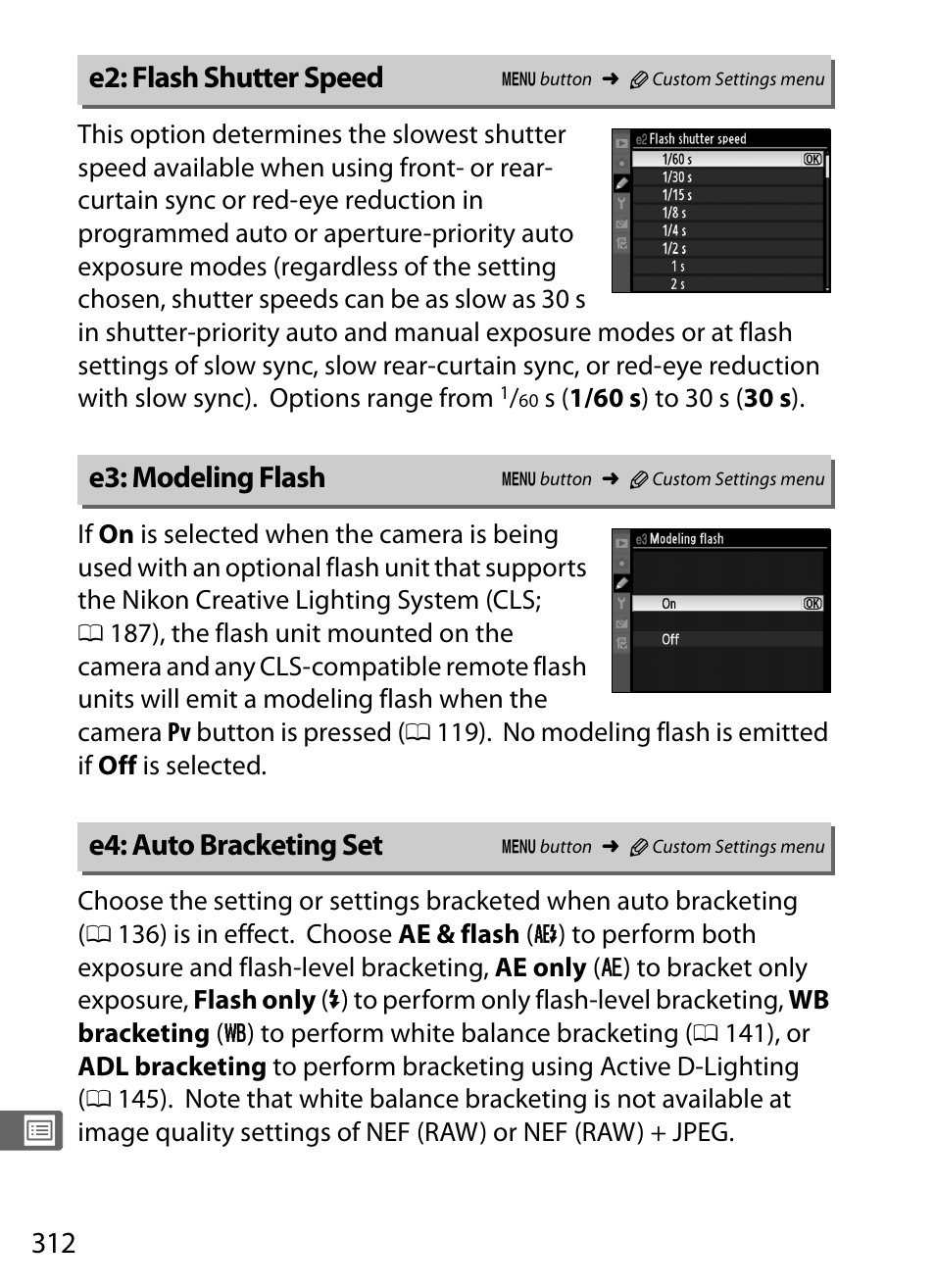 E2: flash shutter speed, E3: modeling flash, E4: auto bracketing set | Nikon D3S User Manual | Page 338 / 460