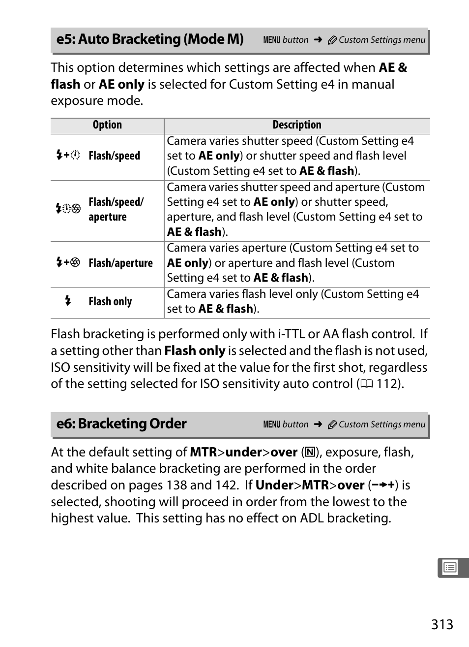 E5: auto bracketing (mode m), E6: bracketing order | Nikon D3S User Manual | Page 339 / 460