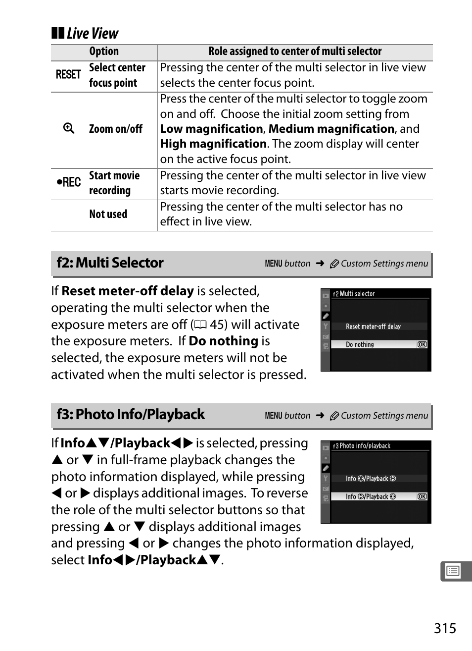 F2: multi selector, F3: photo info/playback, Live view | Nikon D3S User Manual | Page 341 / 460