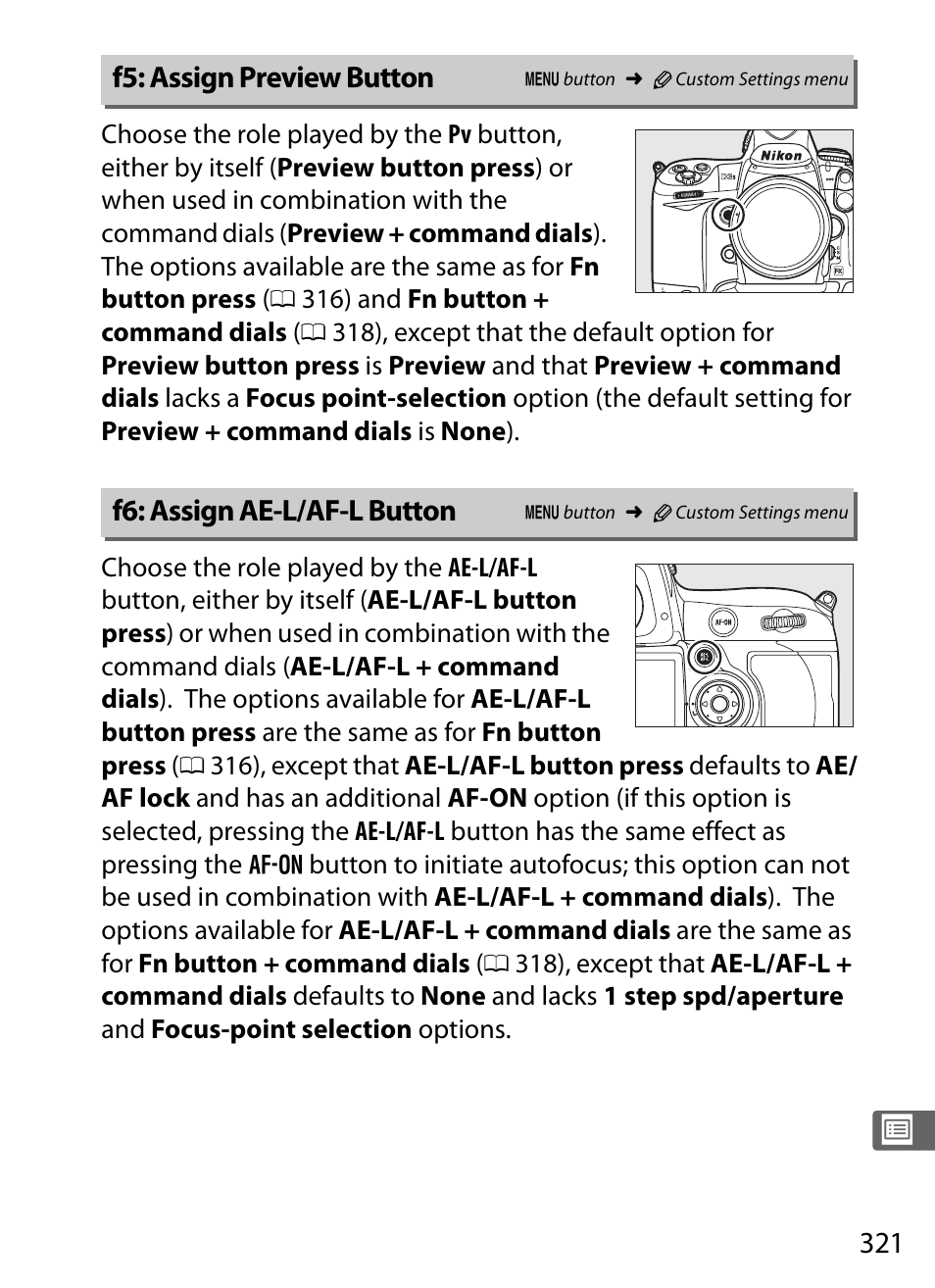 F5: assign preview button, F6: assign ae-l/af-l button | Nikon D3S User Manual | Page 347 / 460