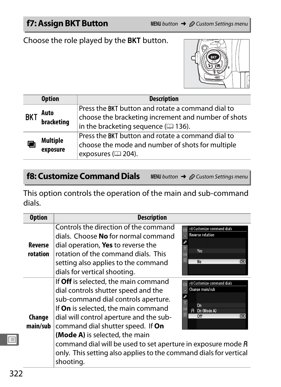 F7: assign bkt button, F8: customize command dials | Nikon D3S User Manual | Page 348 / 460