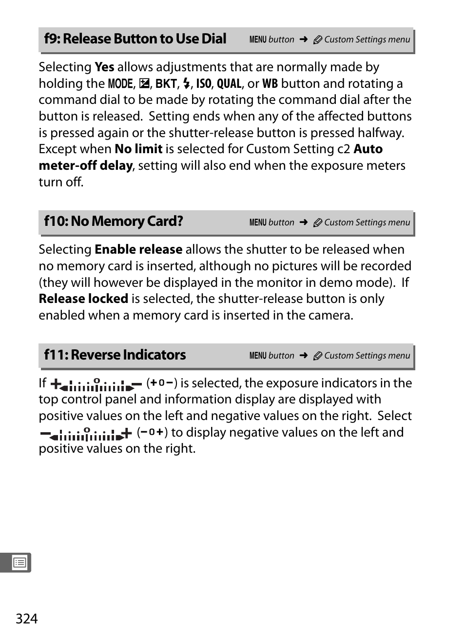 F9: release button to use dial, F10: no memory card, F11: reverse indicators | Nikon D3S User Manual | Page 350 / 460