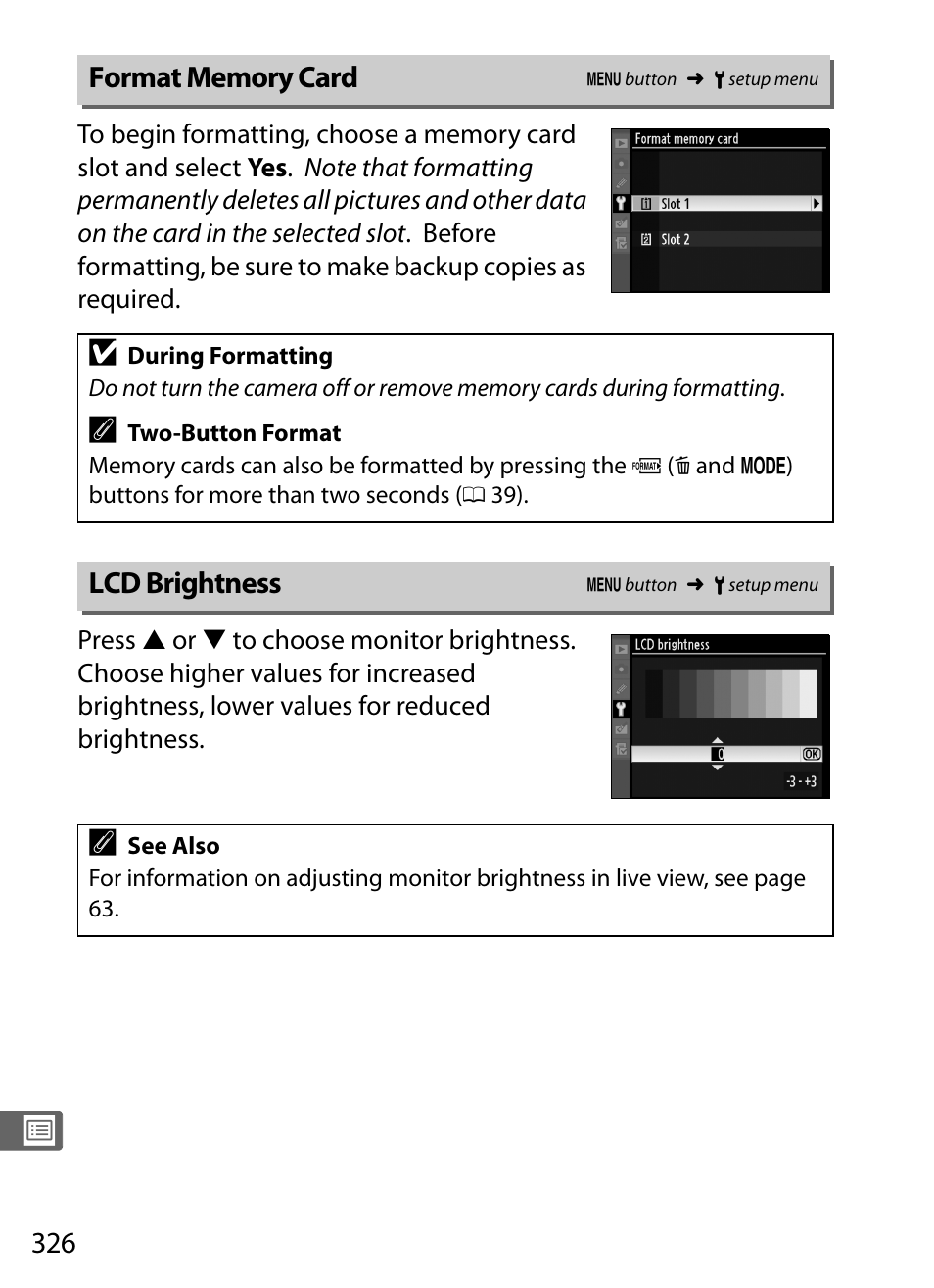Format memory card, Lcd brightness | Nikon D3S User Manual | Page 352 / 460