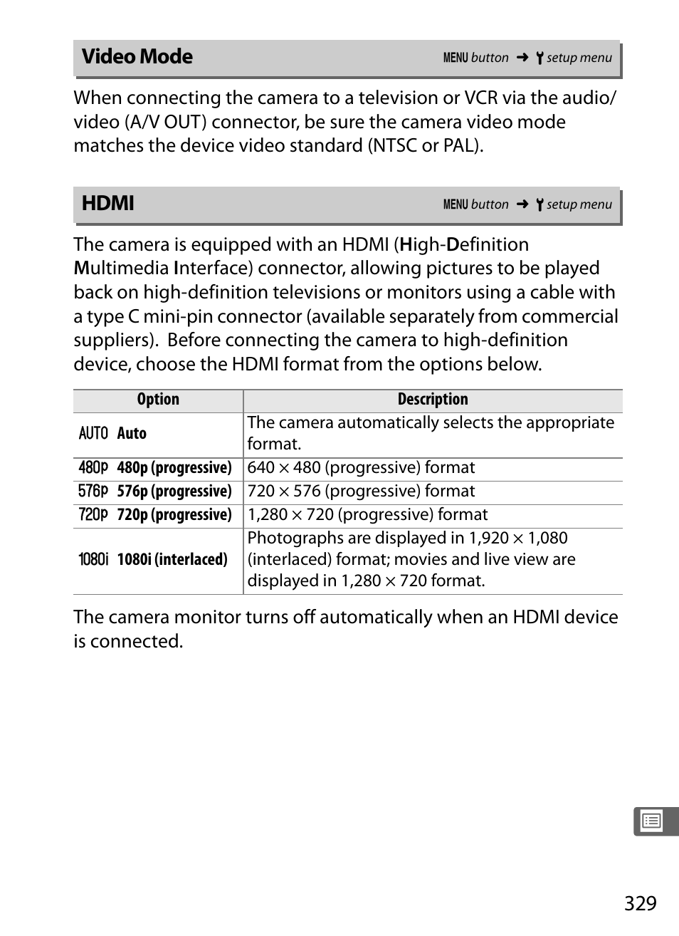 Video mode, Hdmi | Nikon D3S User Manual | Page 355 / 460