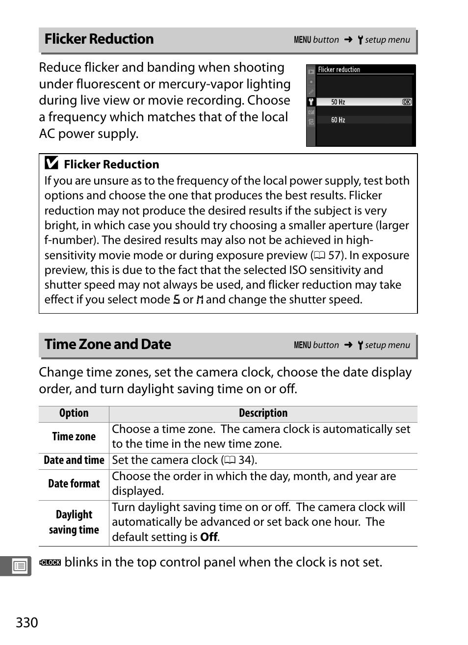 Flicker reduction, Time zone and date | Nikon D3S User Manual | Page 356 / 460