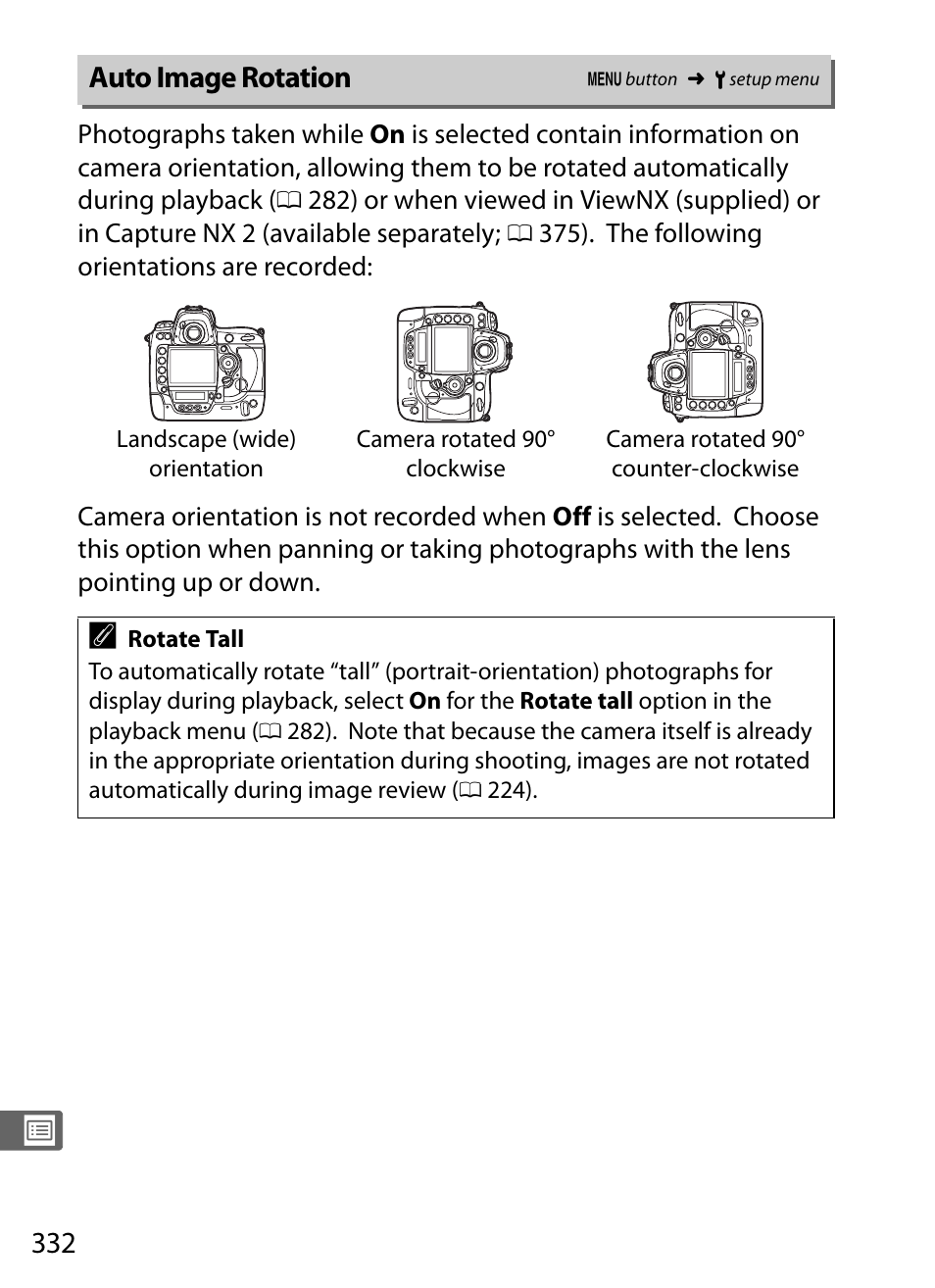 Auto image rotation | Nikon D3S User Manual | Page 358 / 460