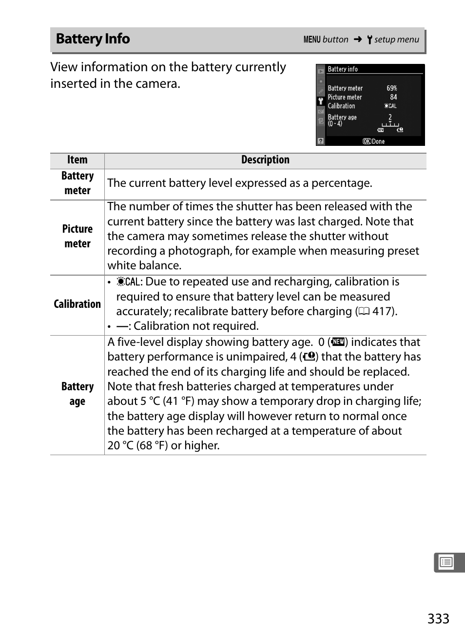 Battery info | Nikon D3S User Manual | Page 359 / 460