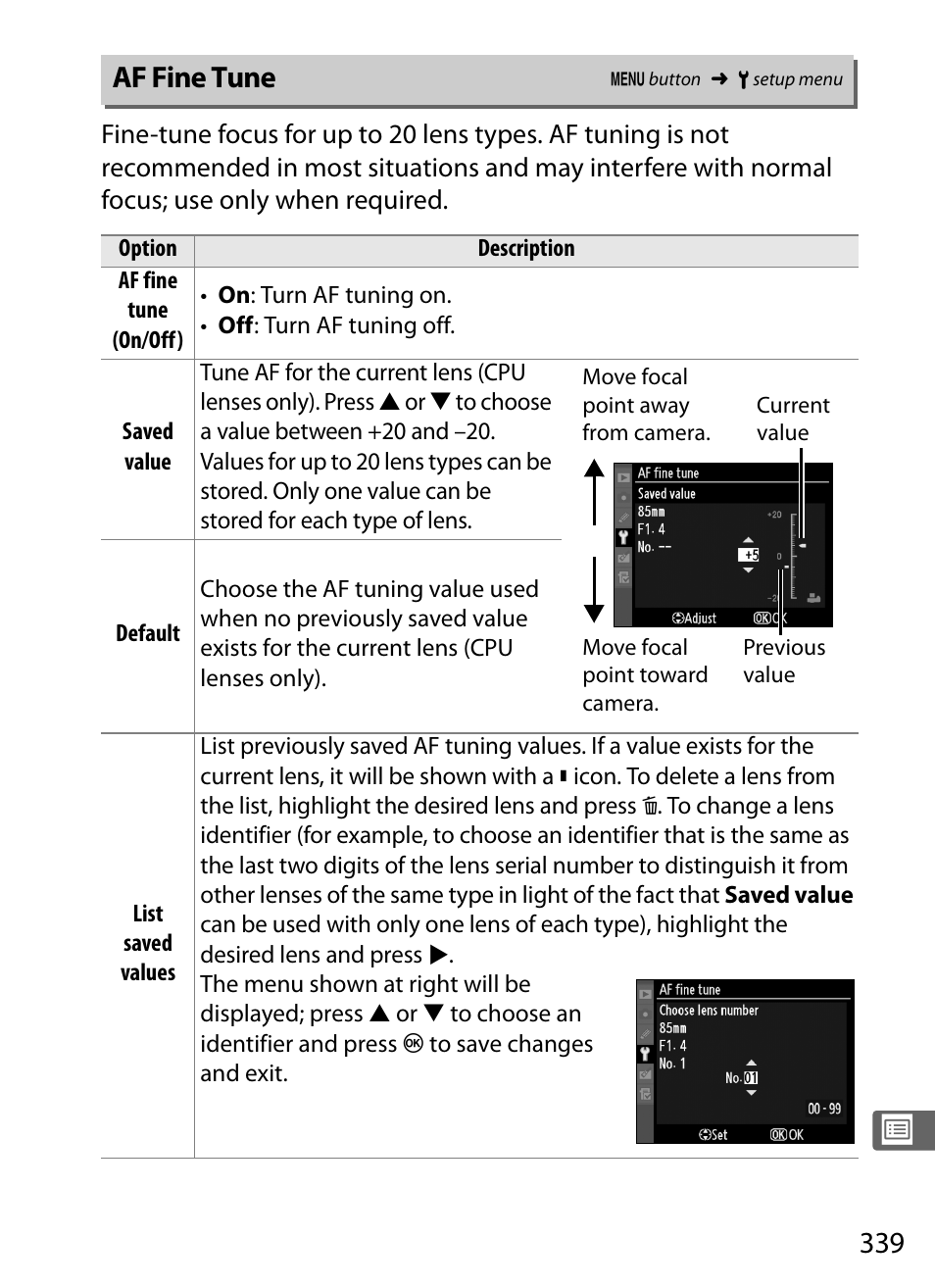 Af fine tune | Nikon D3S User Manual | Page 365 / 460