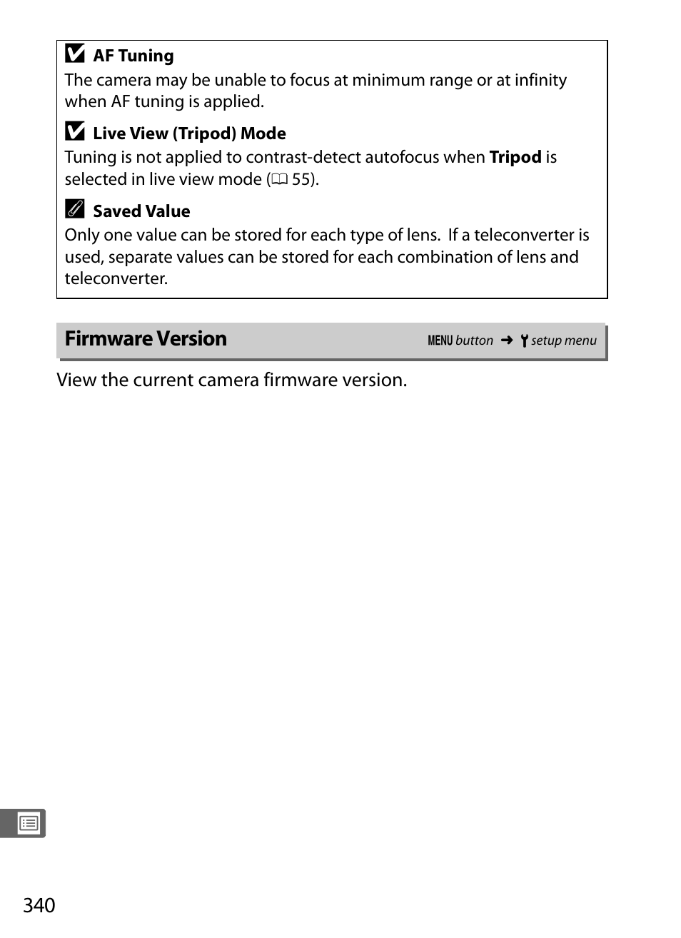Firmware version | Nikon D3S User Manual | Page 366 / 460