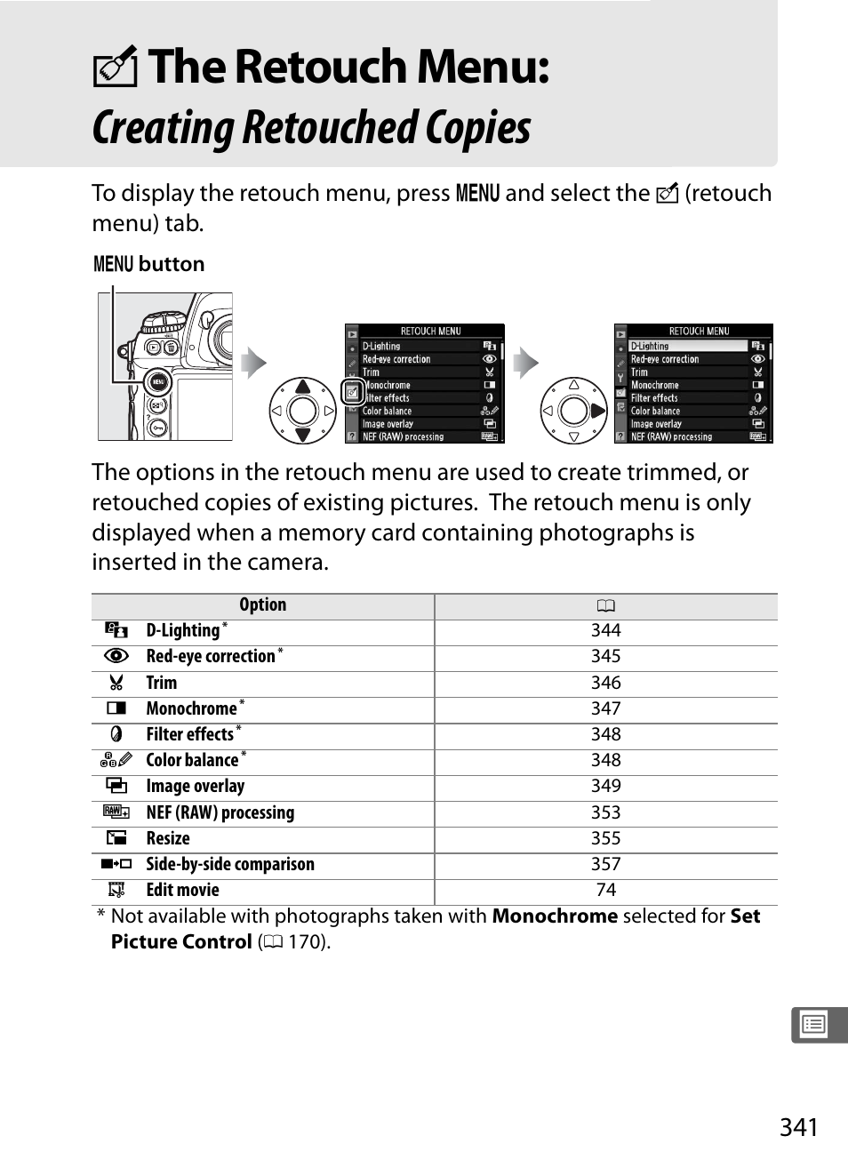 The retouch menu: creating retouched copies, N the retouch menu: creating retouched copies | Nikon D3S User Manual | Page 367 / 460
