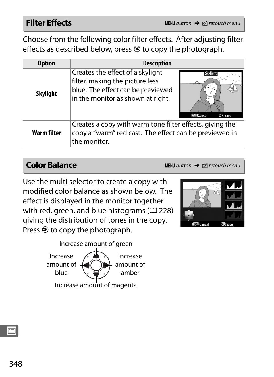 Filter effects, Color balance | Nikon D3S User Manual | Page 374 / 460