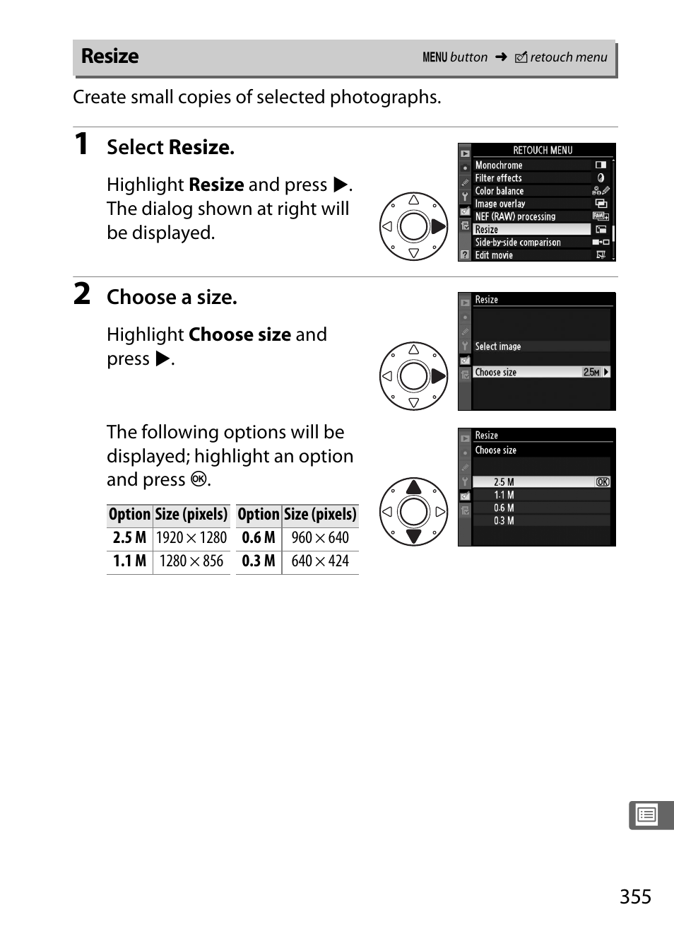 Resize | Nikon D3S User Manual | Page 381 / 460