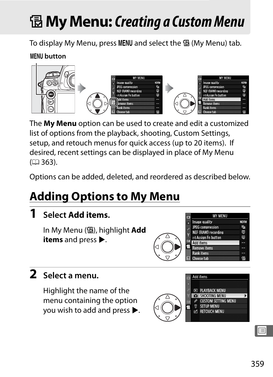 My menu: creating a custom menu, O my menu: creating a custom menu, Adding options to my menu | Nikon D3S User Manual | Page 385 / 460