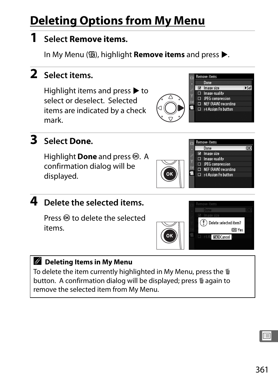 Deleting options from my menu | Nikon D3S User Manual | Page 387 / 460